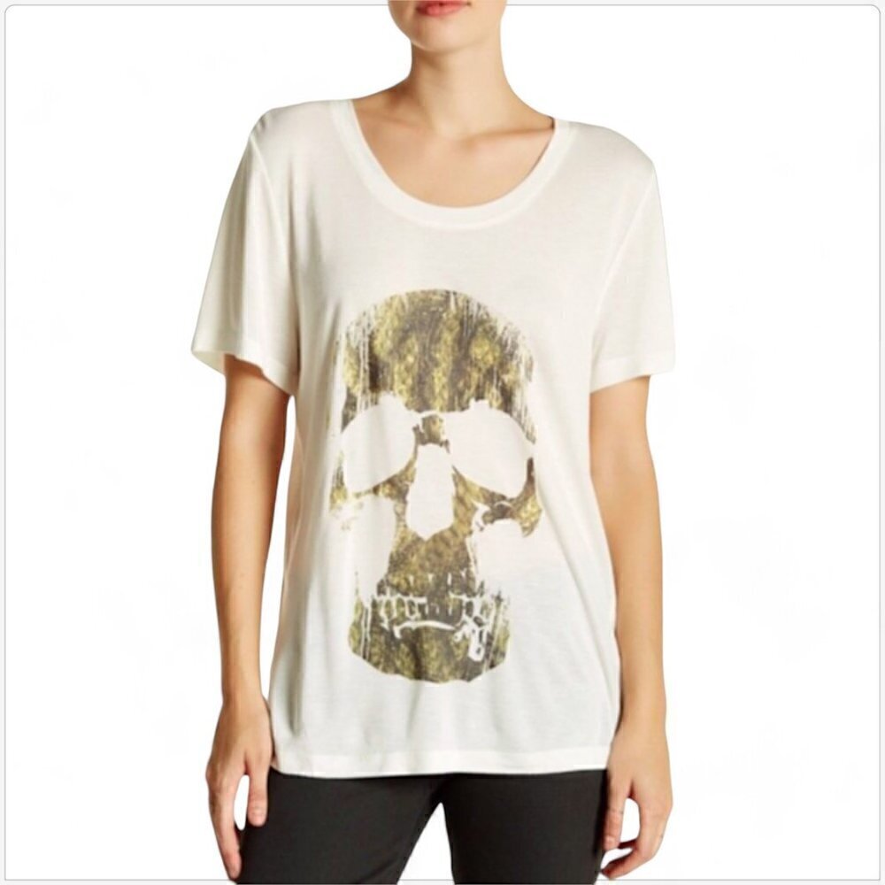 Haute Hippie Ivory Green Skull Graphic Soft Modal Knit T-Shirt Top NWT NEW XS